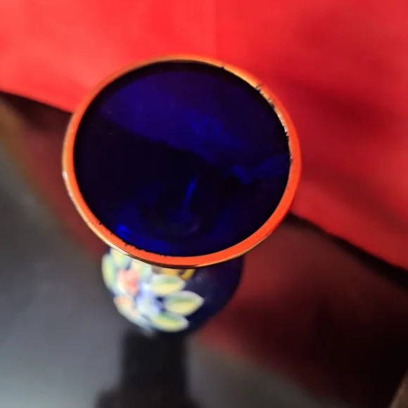 Vintage Bohemian Cobalt Blue Bud Vase – Hand-Painted Gold & Floral – 8" - Picture 2 of 11